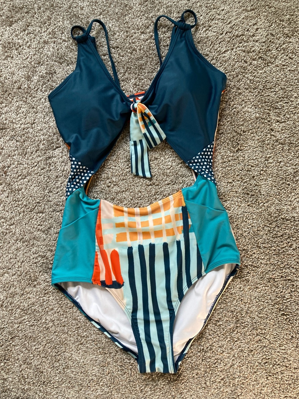 Nani Ray High Tide One Piece Swimsuit POCKETS Cut out Tie front Patchwork sz L - Picture 4 of 11
